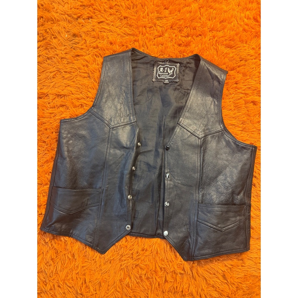 A-1 Genuine Leather Mens Biker Vest Black Western Yoke Snap Front Size 48